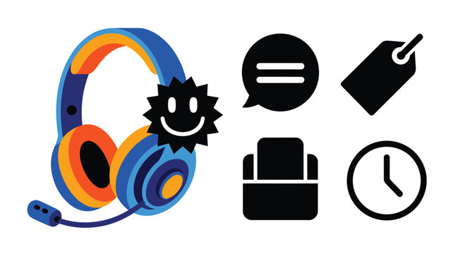 Customer service and support concept with headset, chat, price tag, comfort, and time icons modern vector illustration for online assistance, shopping, and user experience