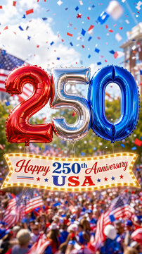 Festive celebration background featuring shiny metallic red, white, and blue balloons forming number 250 above glowing sign honoring 250th anniversary of USA with confetti