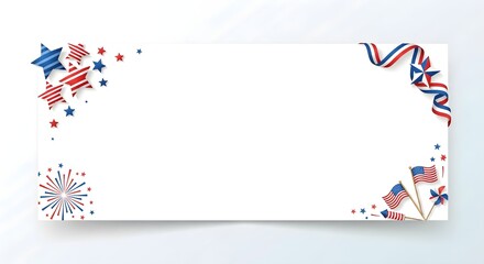 Obraz premium USA Independence Day 4th of July horizontal banner with patriotic stars ribbons and flags. Premium festive background with fireworks and copy space for American national holiday celebration