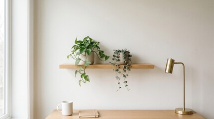 Minimalist home office desk with potted plants on wooden shelf and brass lamp © tr144