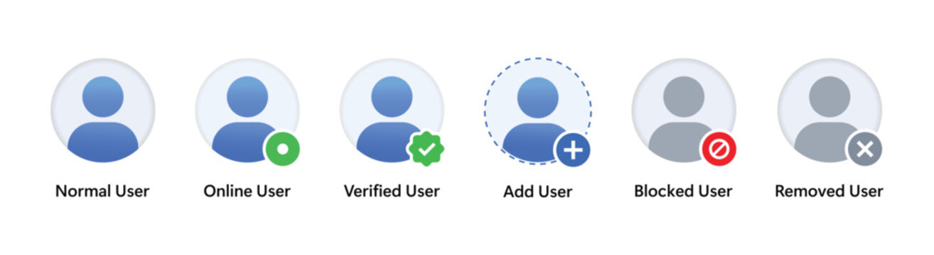 User icon set, profile symbols with online, verified, add, block and remove status, account icons for app, UI and web, vector collection