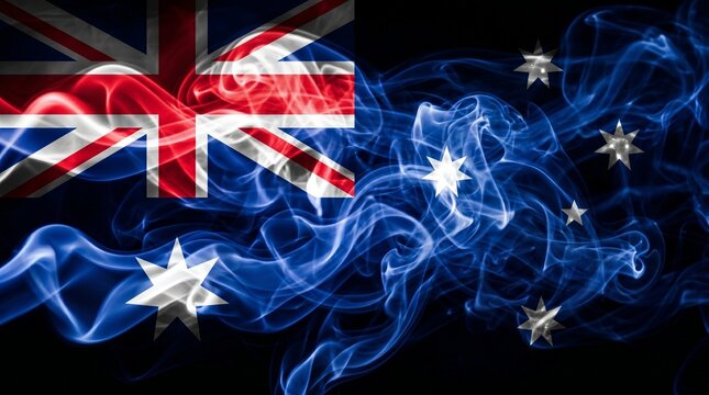 Australian flag rendered in swirling blue and white smoke against a black background, symbolizing national identity and spirit