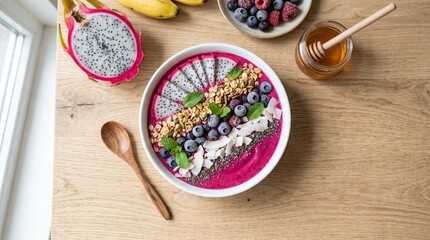 Healthy smoothie bowl with dragon fruit blueberries granola and chia seeds top view © tr144