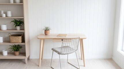 Fototapeta premium Minimalist Scandinavian home office with wooden desk and chair in bright modern interior