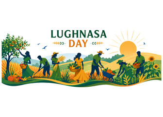 Fototapeta premium Lughnasa Day people vector illustration featuring farmers harvesting vegetables and wheat in a colorful rural landscape isolated on transparent background