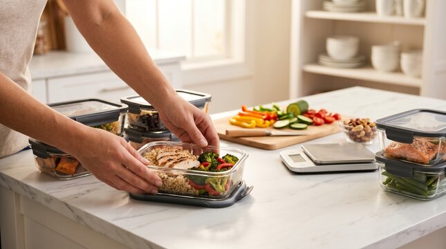 Meal prep in glass containers with grilled chicken rice and vegetables in kitchen