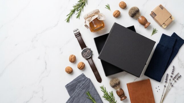 Mens grooming gift set flat lay with watch shaving brush and accessories on marble top view