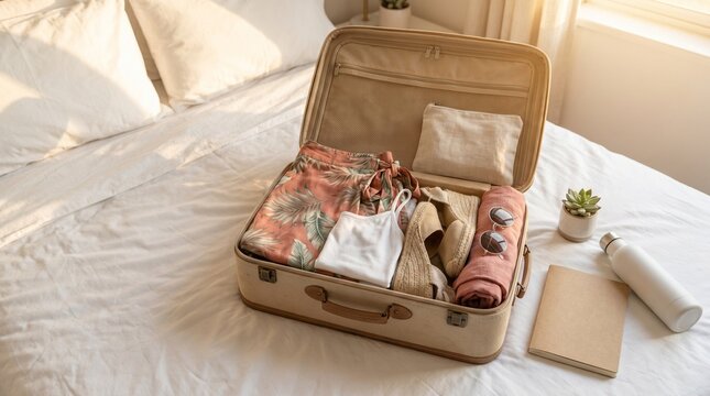 Open suitcase packed with summer clothes on bed ready for vacation travel trip