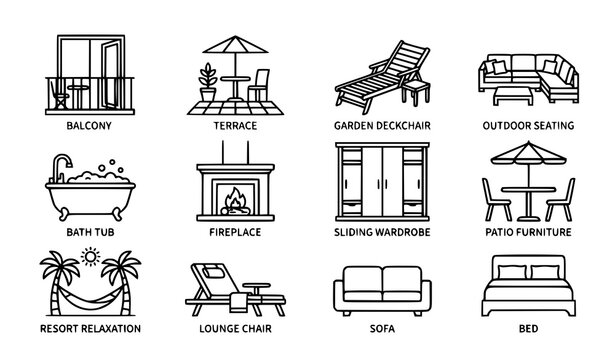 Minimal furniture outline icon collection with terrace bath tub and wardrobe