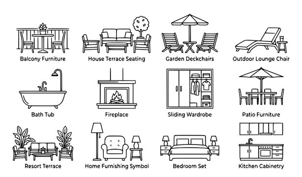 Furniture and home amenities line icon vector set with balcony terrace and fireplace