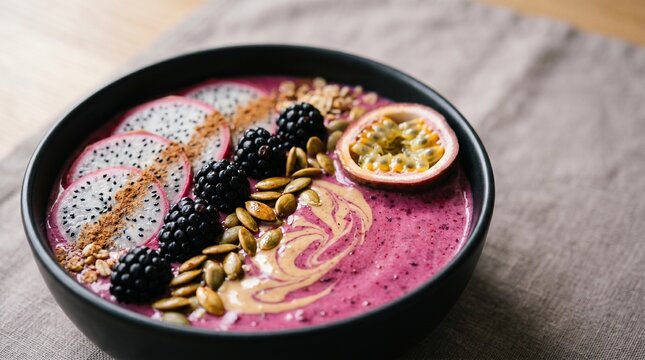 Healthy smoothie bowl with dragon fruit blackberry and passion fruit toppings in black bowl