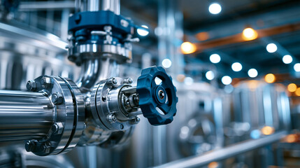 Fototapeta premium Modern brewery interior with stainless steel pipes, valves and fermentation tanks under clean factory lighting with strong lines and organized engineering detail, capturing material