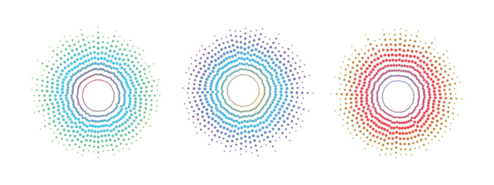 Set of abstract multi-layered circular audio sound waves with concentric halftone dots and colorful neon digital music frequency equalizer spectrum elements.
