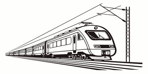 Regional electric passenger train silhouette graphic design with passenger commuter electric transport locomotive illustration monochrome © Mamun