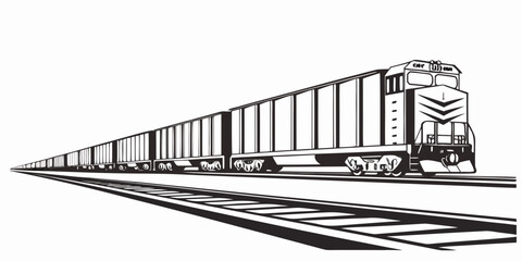 Black and white vector illustration of a long freight train on the tracks with railroad locomotive transport transportation shipping logistics © Mamun