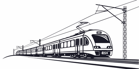 Modern electric commuter train illustration on overhead power lines with commuter electric transportation locomotive illustration monochrome © Mamun