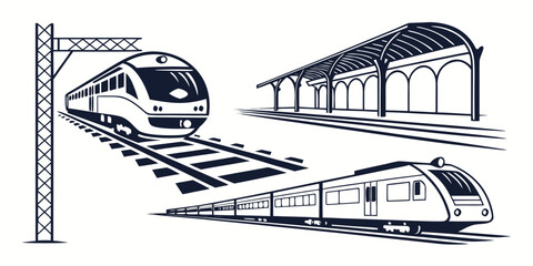 Black and white graphic set of modern passenger train and station architecture with transport locomotive railroad architecture platform commuter © Mamun