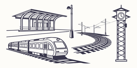 Black and white vector composition of a passenger train at a classic station with railroad transport locomotive architecture platform commuter © Mamun