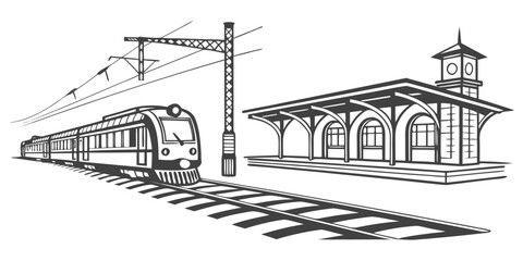 Vector illustration of a modern passenger train approaching a station platform with railroad transport locomotive platform commuter architecture © Mamun