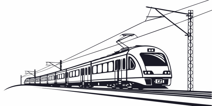 Modern electric commuter train illustration on overhead power lines with commuter electric transportation locomotive illustration monochrome