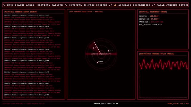 Red tactical air defense radar failure hud interface screen.