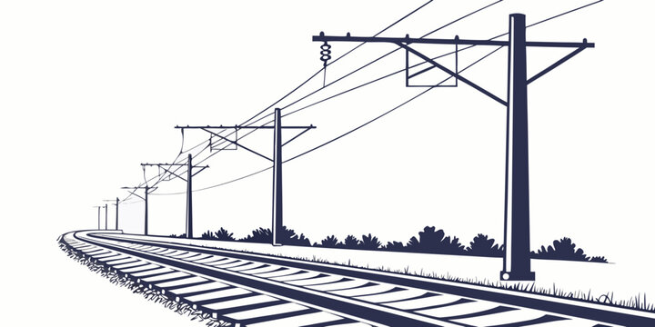 Stylized silhouette illustration of railway tracks under overhead electrical catenary wires with catenary electric infrastructure transportation