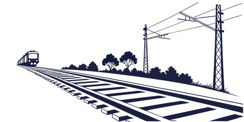 Modern passenger train traveling on railway tracks with overhead power lines passenger transportation railroad commuter electric infrastructure © Mamun