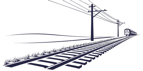 Graphic illustration of an electric train traveling on railway tracks with power lines and utility poles in a minimalist style railroad transport © Mamun