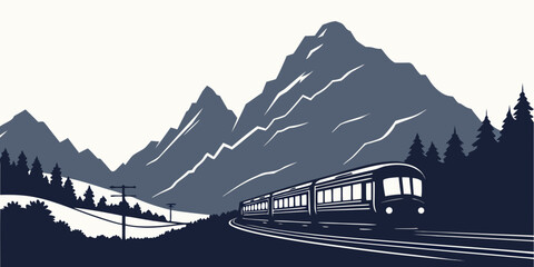 Graphic illustration of a train journey through a picturesque mountain valley with evergreen trees mountain locomotive railroad landscape © Mamun