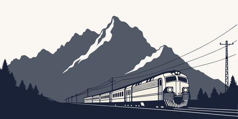 Graphic illustration of a sleek modern passenger train traveling through a mountainous wilderness landscape with mountain locomotive railroad © Mamun
