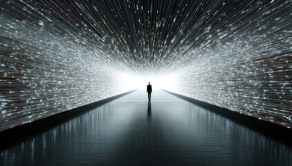 Naklejka premium A silhouetted person stands in a long digital corridor, surrounded by glowing particle streams leading to a bright distant light, creating a surreal futuristic scene.
