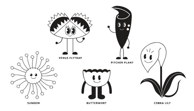 Very beautiful black-and-white cartoon character set featuring Venus Flytrap, Pitcher Plant, Sundew, Butterwort, and Cobra Lily with charming smiles, detailed linework, playful botanical expressions, 