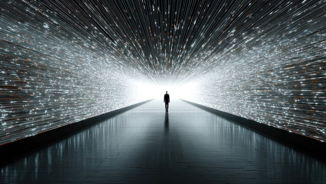 A silhouetted person stands in a long digital corridor, surrounded by glowing particle streams leading to a bright distant light, creating a surreal futuristic scene.