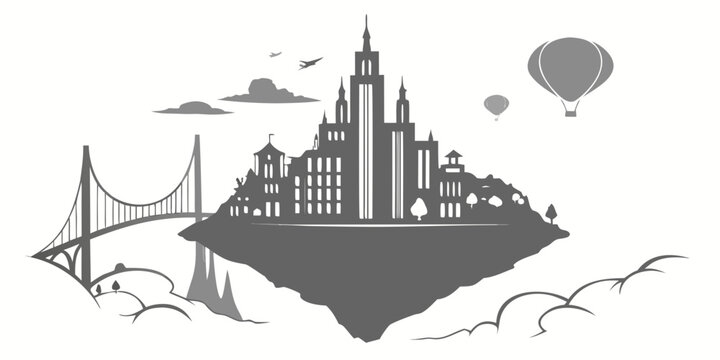 Surreal floating island city silhouette with cable bridge and hot air balloons floating silhouette balloons architecture illustration isolated