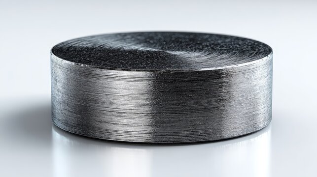 Industrial metal cylindrical component with brushed finish and circular base. Precision engineered steel part, mechanical hardware, industrial equipment and manufacturing production concept.