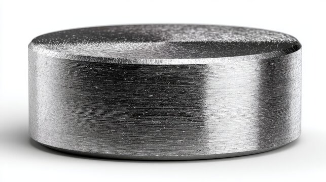 Industrial metal cylindrical component with brushed finish and circular base. Precision engineered steel part, mechanical hardware, industrial equipment and manufacturing production concept.