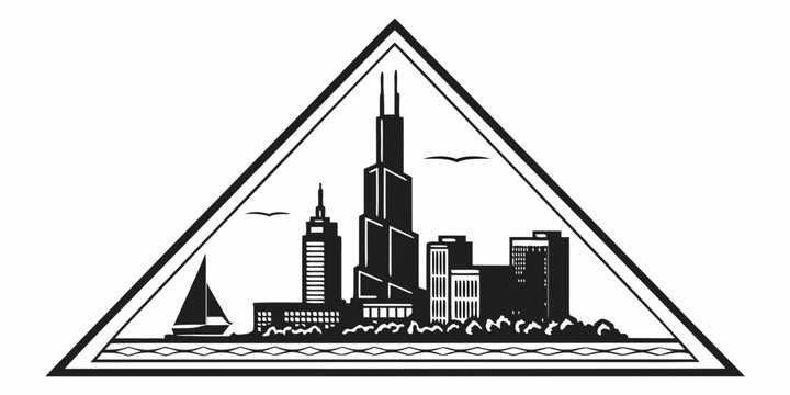 Triangular city skyline silhouette emblem with sailboat on water and birds silhouette triangular sailboat architecture monochrome landmark