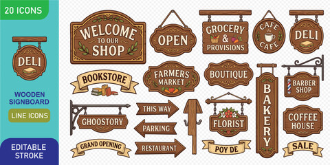Collection of vintage wooden signs for various businesses, including deli, bakery, bookstore, and more, with editable strokes for customization. © Sumon