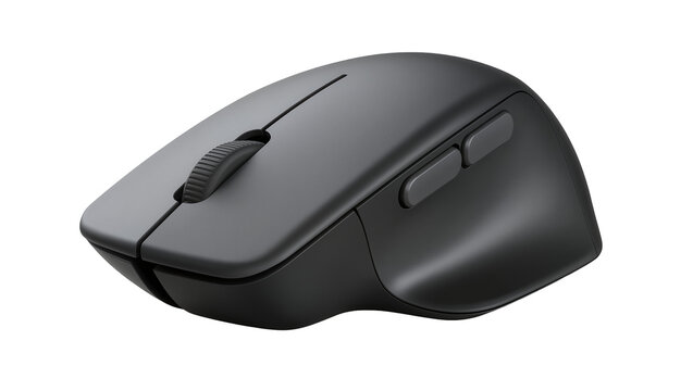 Ergonomic dark gray computer mouse with scroll wheel and side buttons