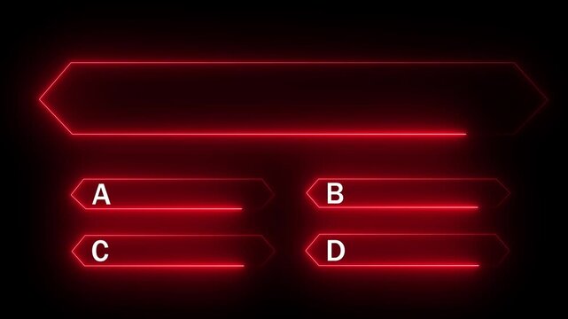 Futuristic neon red glowing quiz question and answer template with multiple choice options A B C and D isolated on a black background