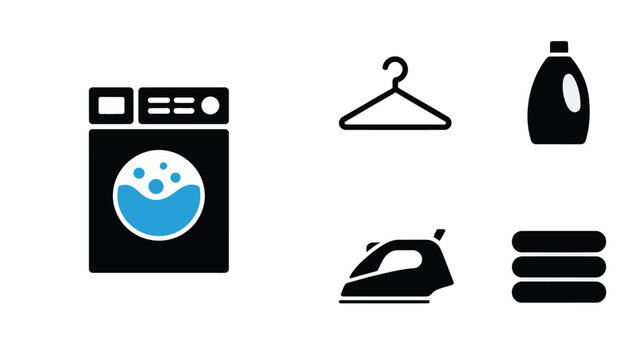 Set of laundry icons including washing machine, clothes hanger, detergent bottle, iron, and folded clothes, simple flat design elements for laundry service or household chores
