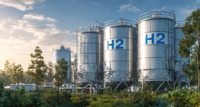 Large metallic hydrogen storage tanks stand at an industrial energy facility surrounded by green vegetation under a clear sky.