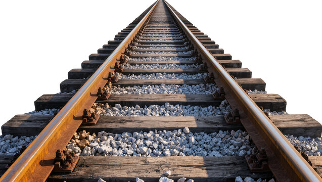 Railroad tracks perspective view with wooden sleepers and ballast