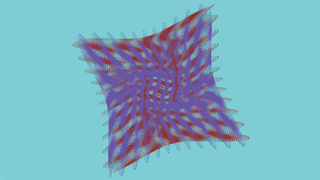 Abstract purple and red square shape with decorative fringe edges on a light blue background surface