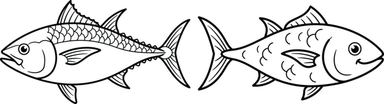 Black and white illustration of two smiling fish facing opposite directions