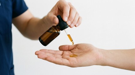 Fototapeta premium Person pouring amber liquid from dropper bottle onto outstretched hand