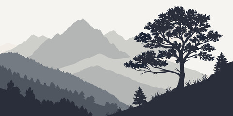 Mountain landscape silhouette with coniferous trees and a foreground tree in grayscale mountain landscape silhouette coniferous outdoors © Mamun
