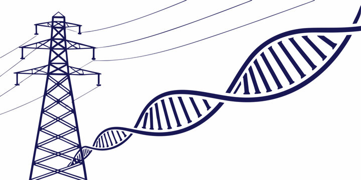 Abstract illustration of electricity pylon structure combined with DNA helix sequence electricity genetics biotechnology transmission biological