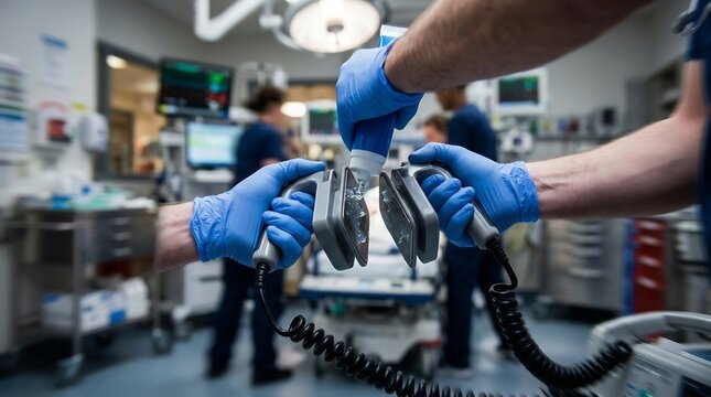 Medical staff handling defibrillator in a hospital emergency room setting