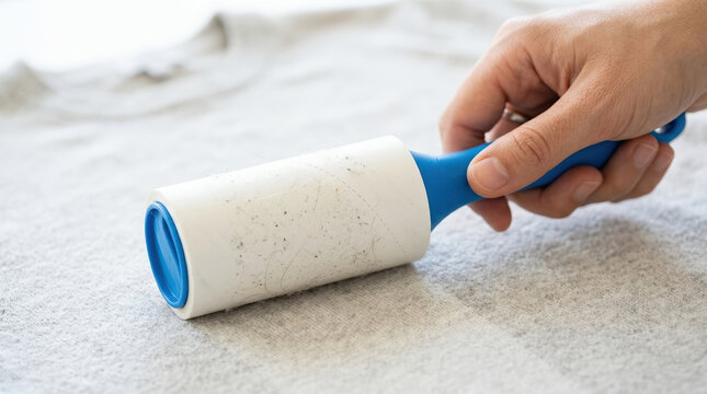 Hand using a blue lint roller on grey fabric. Close up of removing pet hair and lint from a sweater. Clothes maintenance and household cleaning concept